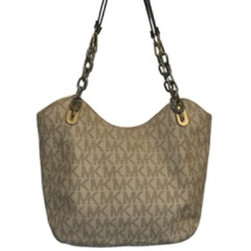 Michael Kors White Monogram Gold Chain "Lilly Tote" Shoulder Bag - Picture 2 of 13